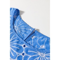 Sky Blue Eyelet Flower Embroidery Frilled Short Puff Sleeve Blouse - L thumbnail
