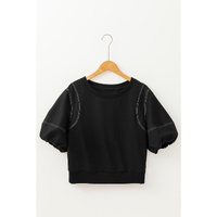 Black Contrast Stitches Detail Puffy Half Sleeve Blouse - L thumbnail