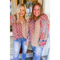 Orange Mixed Floral Printed Long Sleeve Tied V Neck Blouse - L thumbnail