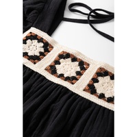 Black Flower Crochet Square Neck Textured Short Sleeve Blouse - M thumbnail