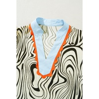 White Zebra Stripe Print Contrast V-Neck Ricrac Detail Short Sleeve Blouse Top - XL thumbnail
