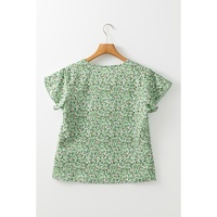 Green Boho Floral V Neck Wrap Short Sleeve Blouse - L thumbnail