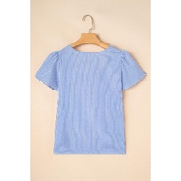 Sky Blue Stripe Textured Ruffle Short Sleeve Boho Detail Square Neck Blouse - L thumbnail