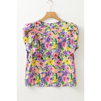 Purple Floral Print Puff Short Sleeve Crew Neck Blouse - L thumbnail