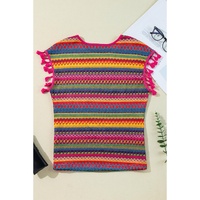 Rose Red Jacquard Textured Tasseled Cap Sleeve Top - L thumbnail