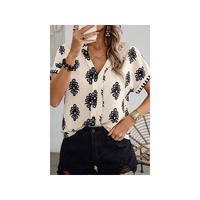 Black Geometric Print Short Sleeve V Neck Blouse - M thumbnail