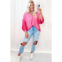 Sachet Pink Contrast Patchwork 3/4 Sleeve V Neck Loose Blouse - L thumbnail