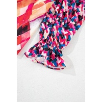 Rose Red Abstract Geometric Pattern Patchwork Puff Sleeve Blouse - L thumbnail