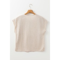 Jet Stream Geometric Embroidered Short Sleeve Tassel Tied V Neck Blouse - L thumbnail