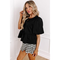 Black Puff Sleeve Bowknot Front Peplum Blouse - S thumbnail