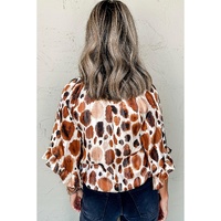 Brown Metallic Threading Accents Pleated Abstract Printed Ruffled 3/4 Sleeve Blouse - L thumbnail