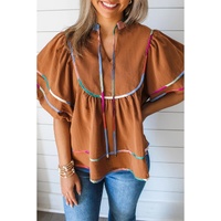 Azura Exchange Thai Curry Colorful Trim Wide Short Sleeve V Neck Blouse - S thumbnail