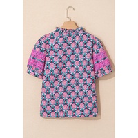 Sachet Pink V-Neck Ruffle Abstract Floral Print Puff Sleeve Top - L thumbnail