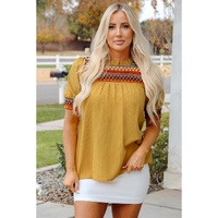 Mustard Geometric Short Puff Sleeve Frilled Collar Blouse - L thumbnail