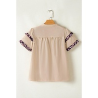 Smoke Gray Leopard Ruffles Trim Tiered Short Sleeve Blouse - L thumbnail