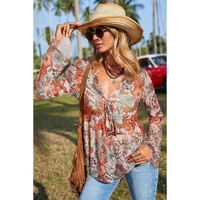 Orange Floral Print Deep V Neck Knot Bell Sleeve Blouse - L thumbnail
