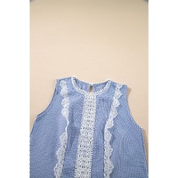 Sky Blue Stripe Lace Patchwork Crew Neck Tank Top - M thumbnail