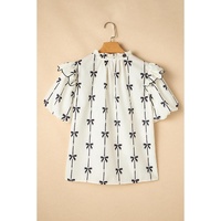 Beige Bow Printed Ruffled Bubble Sleeve Tied Notched V Neck Blouse - L thumbnail