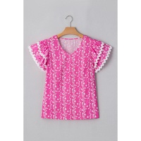 Pink Floral Print Ric-rac Tiered Ruffled V Neck Blouse - L thumbnail