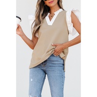 Pale Khaki Contrast V Neck Ruffled Textured Knit Top - L thumbnail