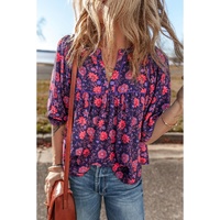 Purple Floral Half Sleeve Split Neck Blouse Top - L thumbnail