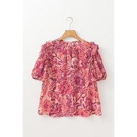 Red Floral Print Ruffled Puff Short Sleeve Blouse - L thumbnail