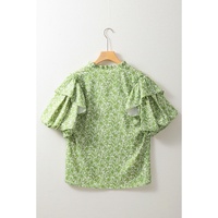 Light Green Floral Ruffle Puff Short Sleeve Frilled Collar V Neck Blouse - L thumbnail
