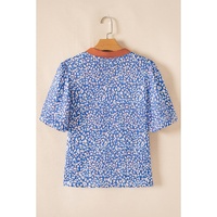 Ashleigh Blue Leopard Print Spot Contrast V Neck Half Puff Sleeve Shirt - L thumbnail