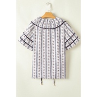 White Floral Ruffled Collar Short Puff Sleeve Printed Blouse - L thumbnail