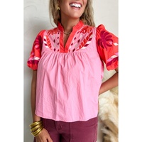 Pink Floral Embroidered Notch V Neck Puff Sleeve Babydoll Blouse - L thumbnail