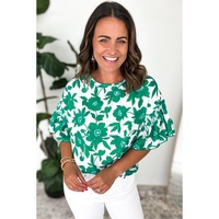 Green Floral Printed Ruffled Short Sleeve Round Neck Loose Blouse - L thumbnail