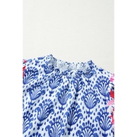 Blue Western Fashion Print Floral Puff Sleeve Frilled Neck Blouse - L thumbnail