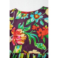 Greyish Purple Rose Flower Embroidered Trim Half Sleeve Blouse - M thumbnail