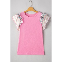 Bonbon Striped Ruffle Flutter Sleeve Ribbed Blouse - L thumbnail