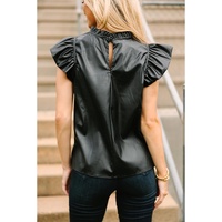 Black PU Leather Frilly Ruffle Trim Blouse - XL thumbnail