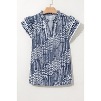 Sky Blue Abstract Print Ric Rac Trim Flutter Sleeve Notch V Neck Blouse - XL thumbnail