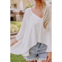 White Eyelet Patchwork High Low Hem V Neck Oversized Top - L thumbnail