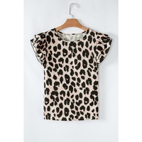 Khaki Leopard Print Layered Ruffled Short Sleeve Blouse - L thumbnail