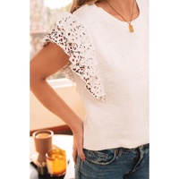 White Floral Lace Eyelet Patched Butterfly Sleeve Blouse - M thumbnail
