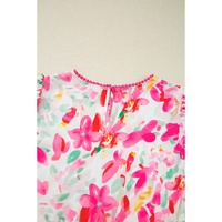 Rose Floral Print Flutter Sleeve Round Neck Casual Blouse - L thumbnail