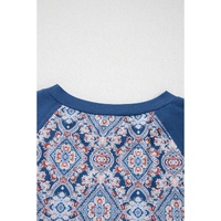 Blue Geometric Printed Lace Patchwork Ric Rac Raglan Long Sleeve Top - L thumbnail