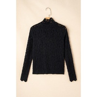 Black Flower Lace See Through Mock Neck Long Sleeve Top - L thumbnail