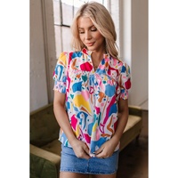 Multicolour Abstract Print Lace Detail Shirred Short Sleeve Split Neck Blouse - XL thumbnail