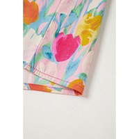 Pink Floral Layered Ruffle Flutter Sleeve Tie V Neck Blouse - L thumbnail