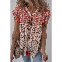 Red Printed Embroidery Detail Tie Split Neck Blouse - L thumbnail