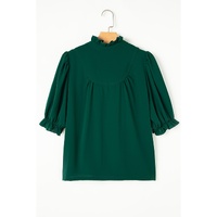 Blackish Green Solid Puff Sleeve Frilled Trim Elegant Blouse - L thumbnail
