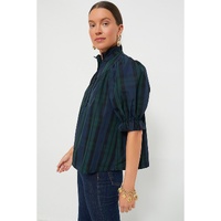 Green Stripe Plaid Puff Sleeve Frilled Trim Elegant Blouse - L thumbnail