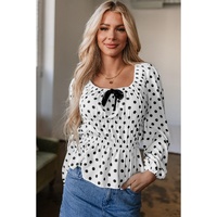 Black Polka Dot Puff Sleeve Bow Square Neck Peplum Top - L thumbnail