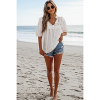 White Embroidered Lace Patchwork Tie Neck Puff Short Sleeve Blouse - M thumbnail