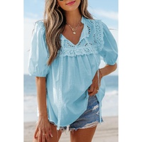 Mist Blue Embroidered Lace Patchwork Tie Neck Puff Short Sleeve Blouse - L thumbnail